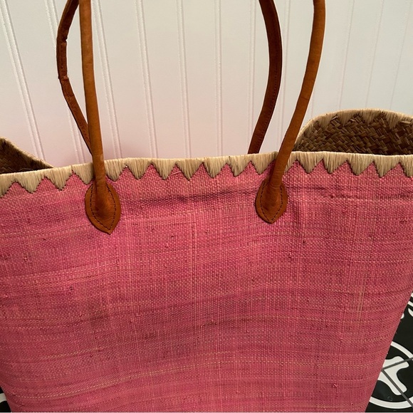 RAFFIA PINK WITH LEATHER HANDLE TOTE BAG Large NWOT - Picture 5 of 12